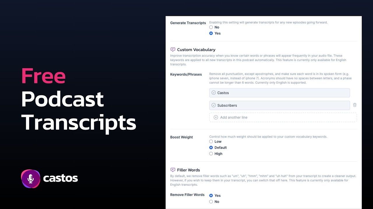 Castos YouTube video thumbnail: Get Free Podcast Transcripts in 19 Languages